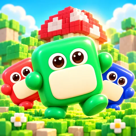 Three colorful cube characters exploring a mushroom world