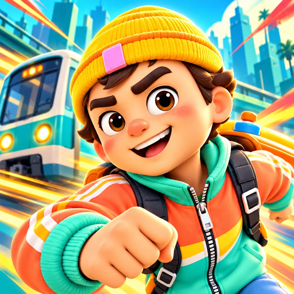An adventurous runner in an orange jacket racing beside a teal train