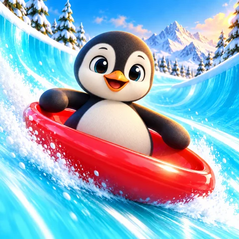 A cheerful penguin sledding down a bright blue ice halfpipe