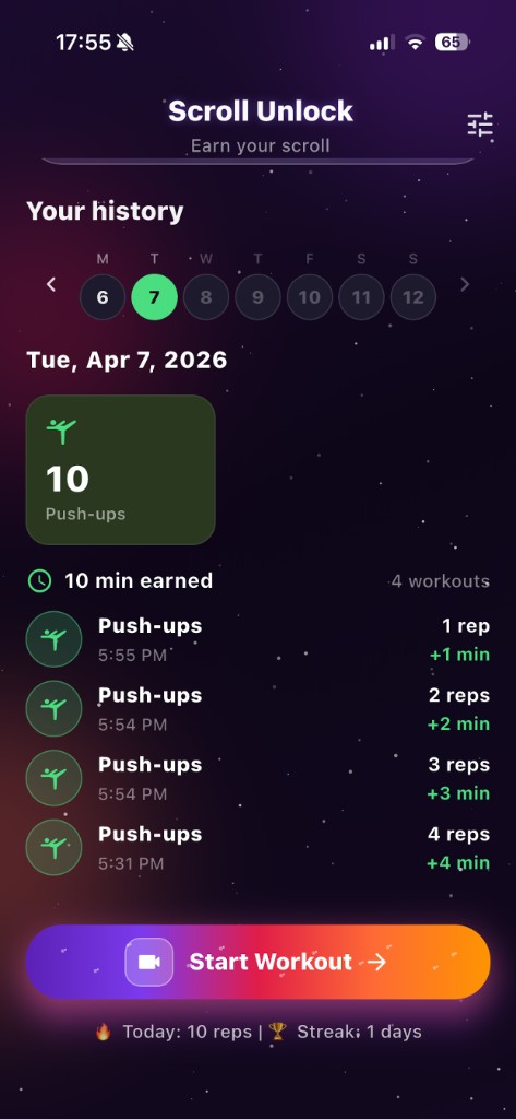 Scroll Unlock daily workout history